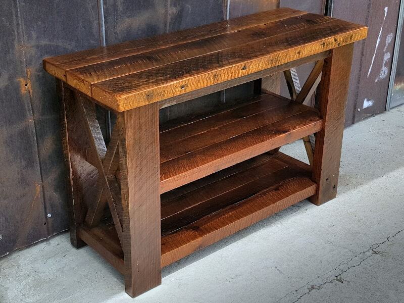 Rustic Reclaimed Wood Console Sofa Table with Shelves and X Ends