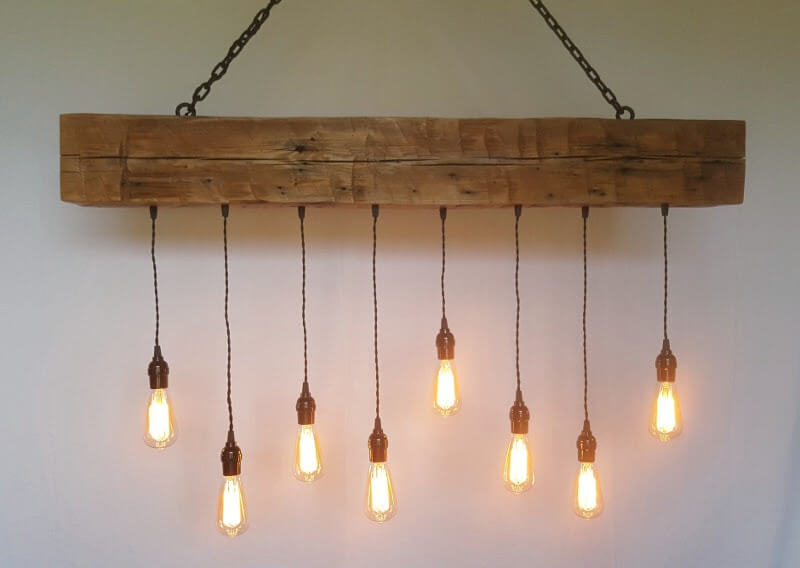 Rustic Hand Hewn Wood Beam Chandelier with Edison Bulbs