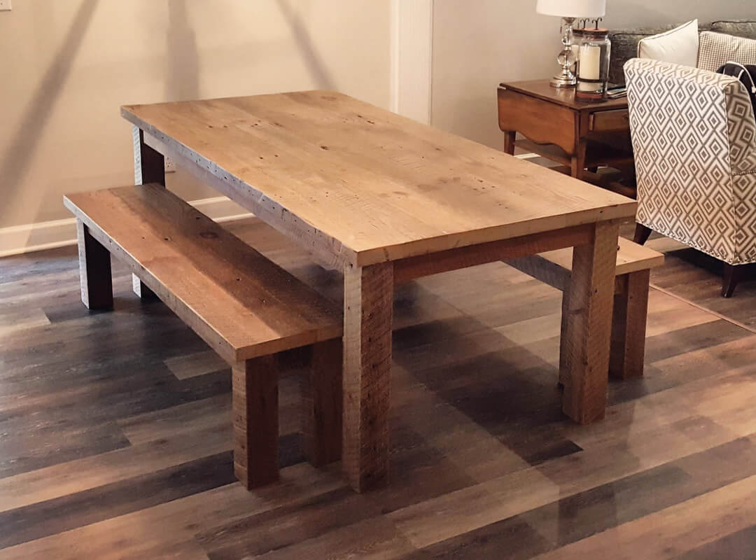 Reclaimed Wood Farm Table with Square Legs and Matching Benches