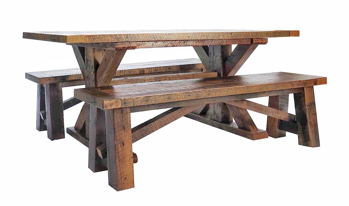 Reclaimed Wood Farm Trestle Table and Benches